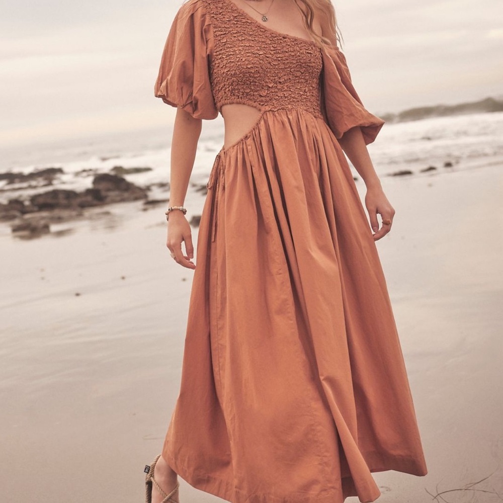 Free People Terracotta Puff Sleeve Maxi Dress with cut-out